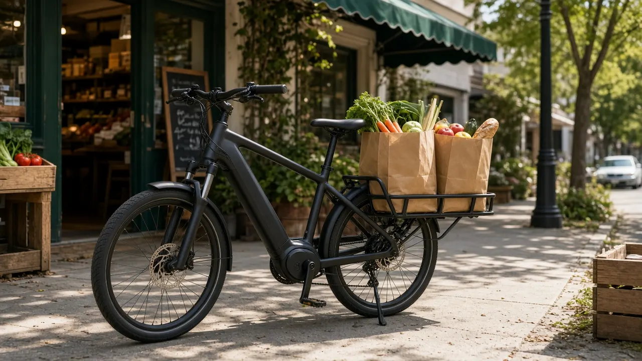 Cargo e-bike carrying grocery bags